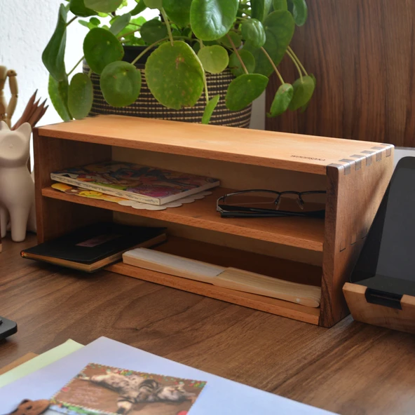 Woodsaka Desna İki Katlı Açık Raf & Dekoratif Sergileme Ünitesi & Çok Amaçlı Düzenleyici - Ceviz ve Gürgen Ağacından - 8