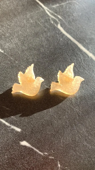 Sedefli Parlak Turuncu Renkli Güvercin Şekil Gold Aksesuarlı Epoksi Küpe El Yapımı Hediyelik - Resim 6