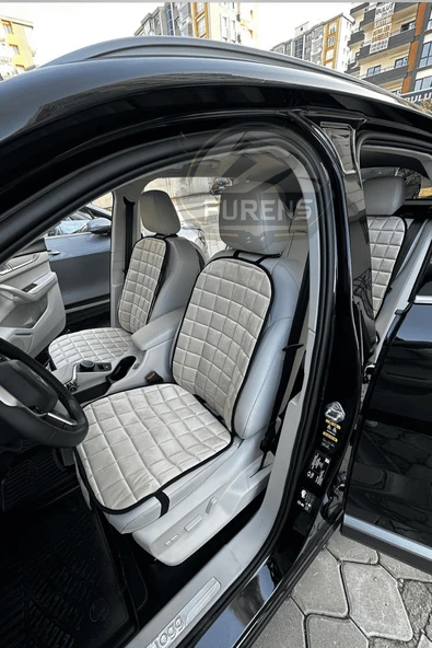 Renault Clio 2 Bej Renk Tay Tüyü Cepli & Terletmez Sırtlı Oto Koltuk Minder Seti - Koltuk Koruma Kılıfı (ÖN & ARKA TAM SET) - 2