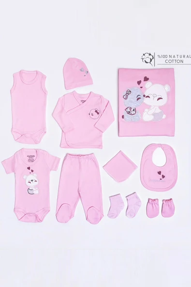 Ayı Desenli Kız Bebek Hastane Çıkışı Bebek Kıyafetleri Yenidoğan Hastane Çıkış Seti 10 lu Kutulu - 3