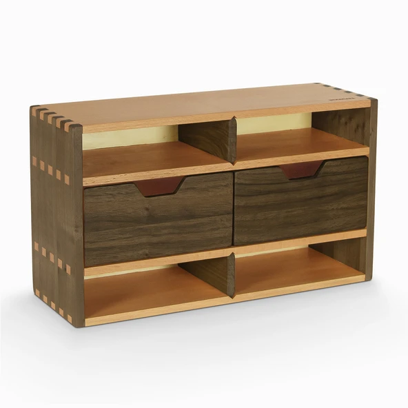 Woodsaka Desna Üç Katlı Çıkarılabilir Bölmeli ve İki Çekmeceli Raf & Dekoratif Sergileme Ünitesi & Çok Amaçlı Düzenleyici - Model 1 - Ceviz ve Gürgen ürün görseli
