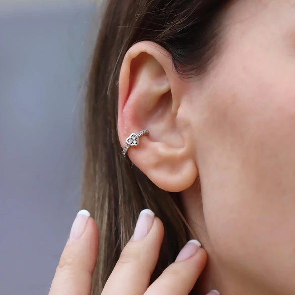 Kalp Zirkon Taşlı Cuff Gümüş Küpe - Resim 3