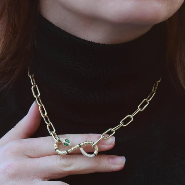 Yılan Sonsuzluk Modeli Gold Kaplama Zirkon Taşlı Kolye ürün görseli 1