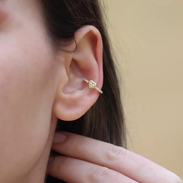 Kalp Zirkon Taşlı Cuff Gümüş Küpe - Resim 2
