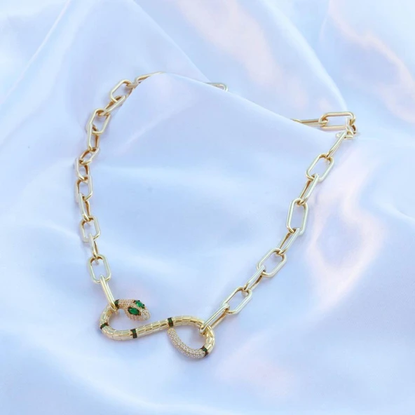 Yılan Sonsuzluk Modeli Gold Kaplama Zirkon Taşlı Kolye - Resim 2