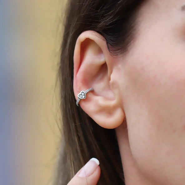 Kalp Zirkon Taşlı Cuff Gümüş Küpe - Resim 4