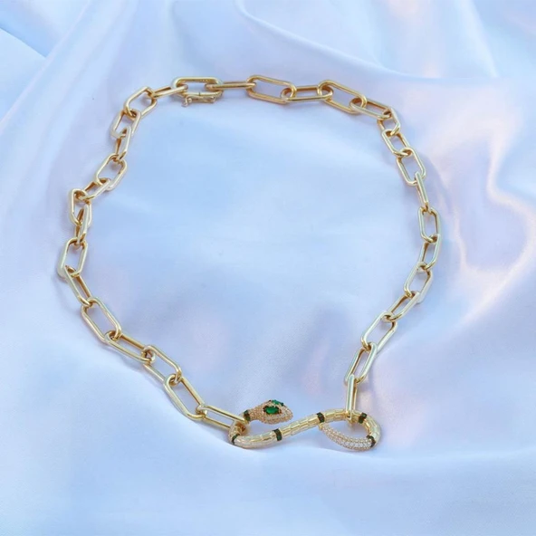 Yılan Sonsuzluk Modeli Gold Kaplama Zirkon Taşlı Kolye - Resim 3