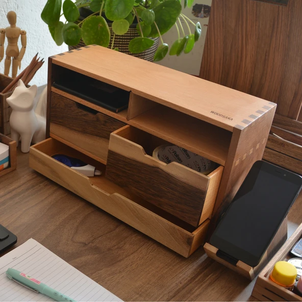 Woodsaka Desna Üç Katlı Çıkarılabilir Bölmeli ve Üç Çekmeceli Raf & Saklama Dolabı & Çok Amaçlı Düzenleyici - Model 2 - Ceviz ve Gürgen - 6