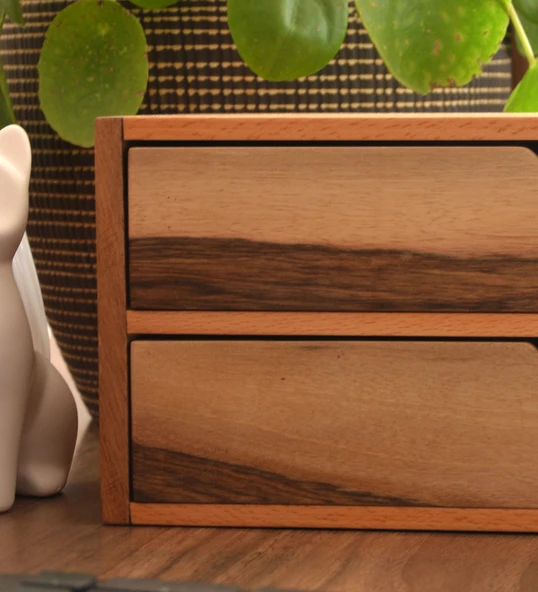 Woodsaka Desna İki Katlı Çekmeceli Mini Dolap & Çok Amaçlı Düzenleyici & Kırtasiye Saklama Kutusu - Ceviz ve Gürgen - 4