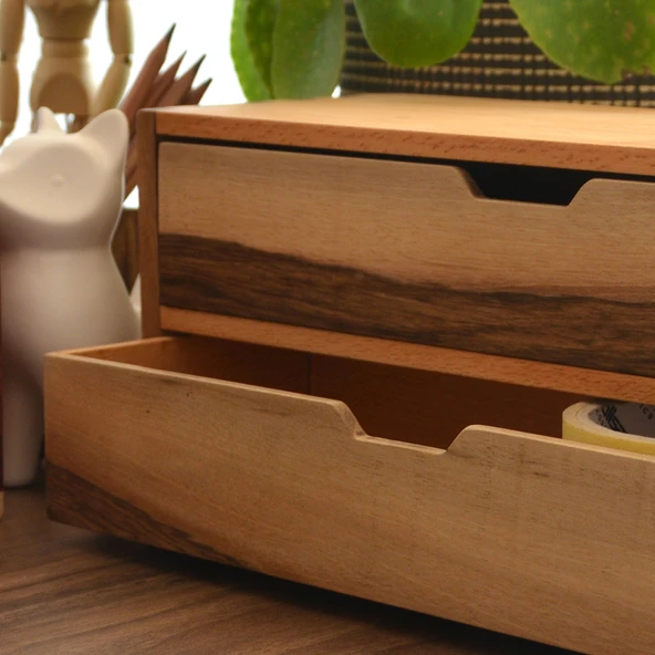 Woodsaka Desna İki Katlı Çekmeceli Mini Dolap & Çok Amaçlı Düzenleyici & Kırtasiye Saklama Kutusu - Ceviz ve Gürgen - 5