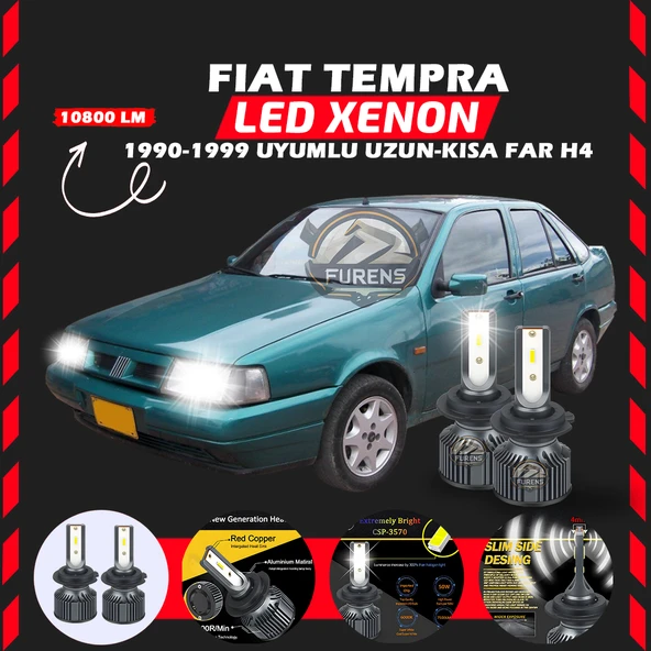Fiat Tempra Uzun - Kısa Far Uyumlu Şimşek Etkili Led Xenon Premium Series H4
