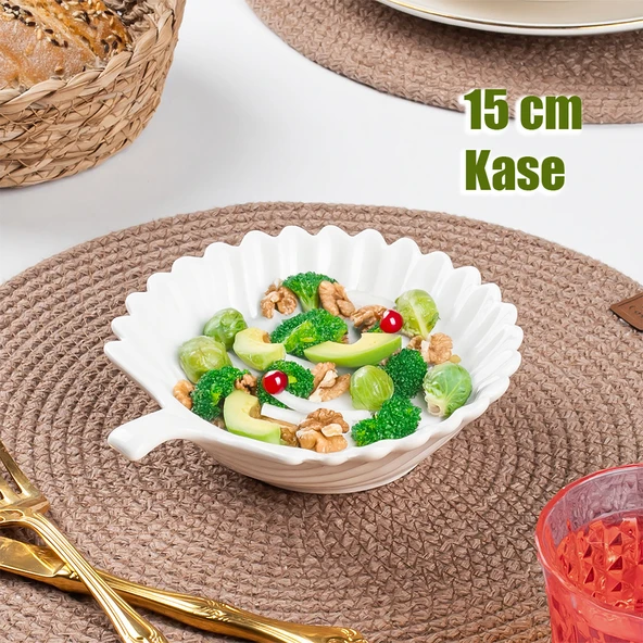 Porsima 1747N t Porselen Kase, Derin Salata Kase Sunum, Servis Kasesi Servis Tabağı Yaprak Desenli 15 Cm