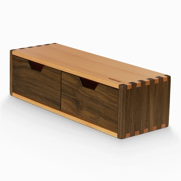 Woodsaka Desna İki Çekmeceli Mini Dolap & Çok Amaçlı Düzenleyici & Kırtasiye Saklama Kutusu - Ceviz ve Gürgen - 3