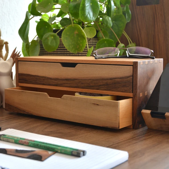 Woodsaka Desna İki Katlı Çekmeceli Mini Dolap & Çok Amaçlı Düzenleyici & Kırtasiye Saklama Kutusu - Ceviz ve Gürgen - 7