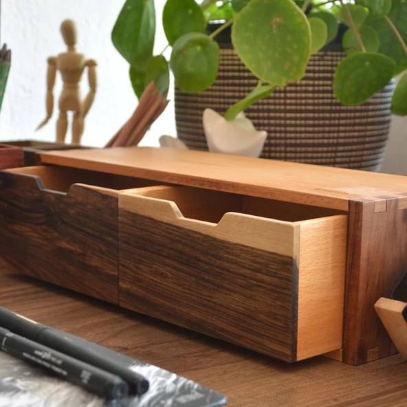 Woodsaka Desna İki Çekmeceli Mini Dolap & Çok Amaçlı Düzenleyici & Kırtasiye Saklama Kutusu - Ceviz ve Gürgen - 5