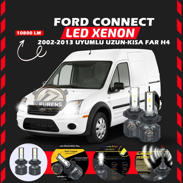 Ford Connect 2002-2013 Uzun - Kısa Far Uyumlu Şimşek Etkili Led Xenon Premium Series H4