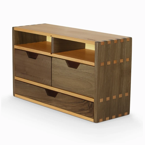 Woodsaka Desna Üç Katlı Çıkarılabilir Bölmeli ve Üç Çekmeceli Raf & Saklama Dolabı & Çok Amaçlı Düzenleyici - Model 2 - Ceviz ve Gürgen - 4