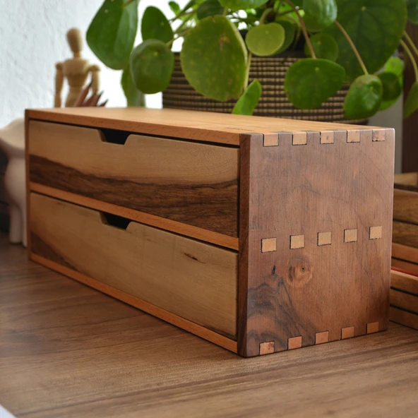 Woodsaka Desna İki Katlı Çekmeceli Mini Dolap & Çok Amaçlı Düzenleyici & Kırtasiye Saklama Kutusu - Ceviz ve Gürgen - 3