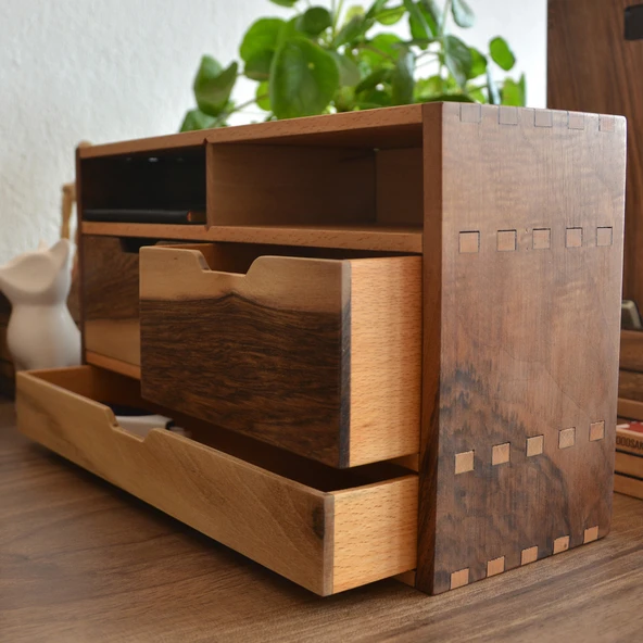 Woodsaka Desna Üç Katlı Çıkarılabilir Bölmeli ve Üç Çekmeceli Raf & Saklama Dolabı & Çok Amaçlı Düzenleyici - Model 2 - Ceviz ve Gürgen - 5