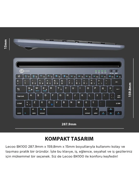 Lenovo Lecoo BK100 Gri Bluetooth Klavye - 7