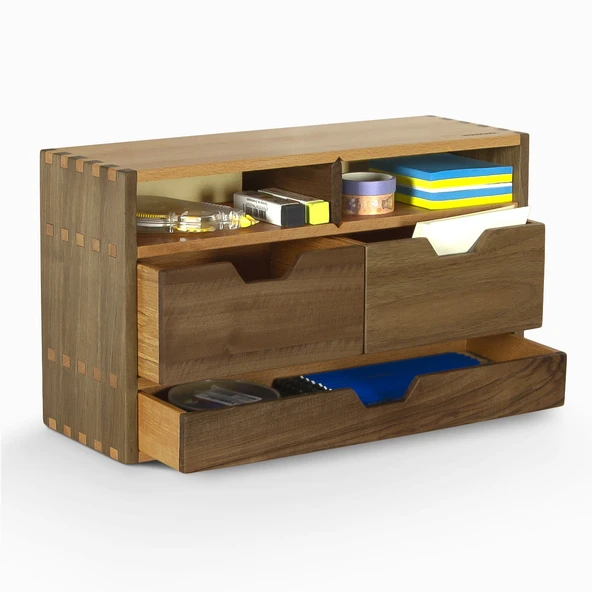 Woodsaka Desna Üç Katlı Çıkarılabilir Bölmeli ve Üç Çekmeceli Raf & Saklama Dolabı & Çok Amaçlı Düzenleyici - Model 2 - Ceviz ve Gürgen - 3