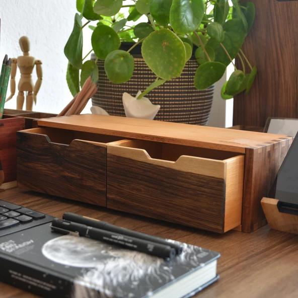 Woodsaka Desna İki Çekmeceli Mini Dolap & Çok Amaçlı Düzenleyici & Kırtasiye Saklama Kutusu - Ceviz ve Gürgen - 4