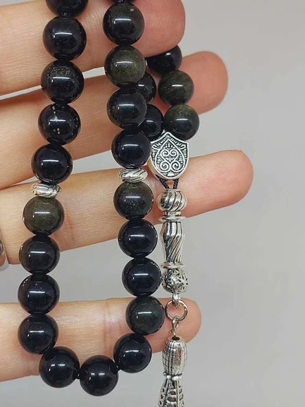 Golden & Siyah Obsidyen Taşı 33lük Tesbih 8mm (1250) - Resim 2