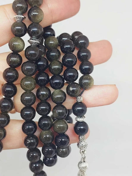 Golden & Siyah Obsidyen Taşı 99luk Tesbih 8mm (1250) - 2