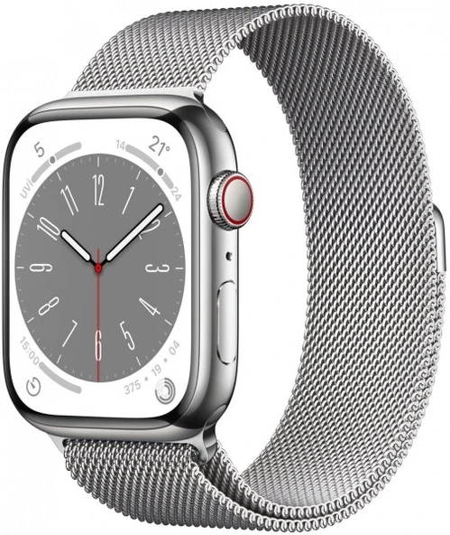 Apple Watch Series 8 Gps + Cellular 45MM Silver Stainless Steel Case With Silver Milanese Loop - MNKJ3TU/A