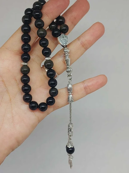 Golden & Siyah Obsidyen Taşı 33lük Tesbih 8mm (1250) - Resim 5