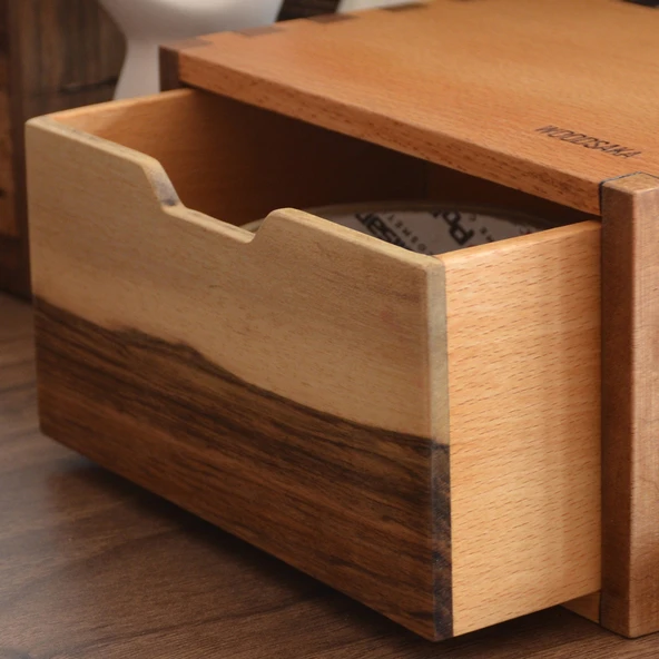 Woodsaka Desna Tek Çekmeceli Mini Dolap & Masaüstü Kırtasiye Organizer - Ceviz ve Gürgen - 3