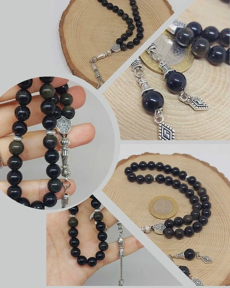 Golden & Siyah Obsidyen Taşı 33lük Tesbih 8mm (1250)