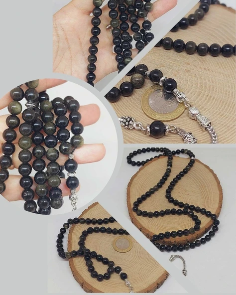 Golden & Siyah Obsidyen Taşı 99luk Tesbih 8mm (1250)