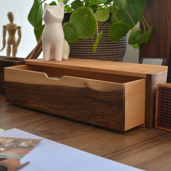 Woodsaka Desna Tek Çekmeceli Mini Dolap & Masaüstü Kırtasiye Organizer - Ceviz ve Gürgen - 3