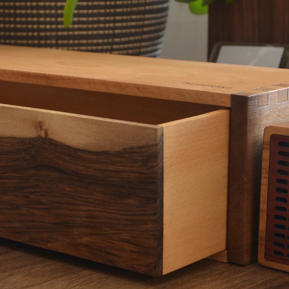 Woodsaka Desna Tek Çekmeceli Mini Dolap & Masaüstü Kırtasiye Organizer - Ceviz ve Gürgen - 2