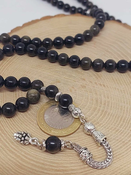 Golden & Siyah Obsidyen Taşı 99luk Tesbih 8mm (1250) - 3
