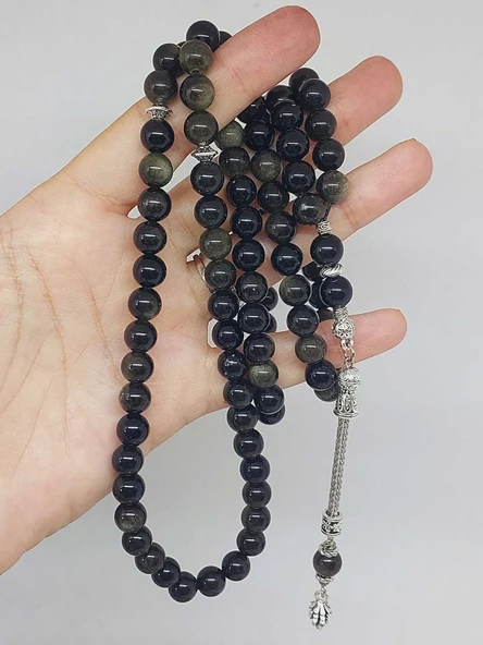 Golden & Siyah Obsidyen Taşı 99luk Tesbih 8mm (1250) - 5