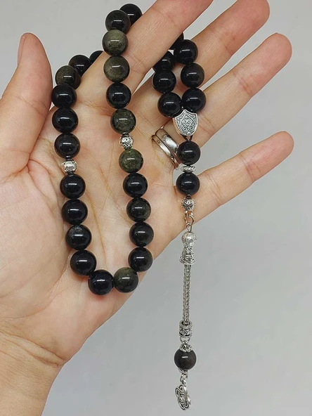 Golden & Siyah Obsidyen Taşı 33lük Tesbih 10mm (36015) - Resim 5