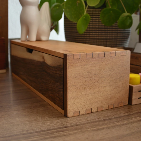 Woodsaka Desna Tek Çekmeceli Mini Dolap & Masaüstü Kırtasiye Organizer - Ceviz ve Gürgen - 6