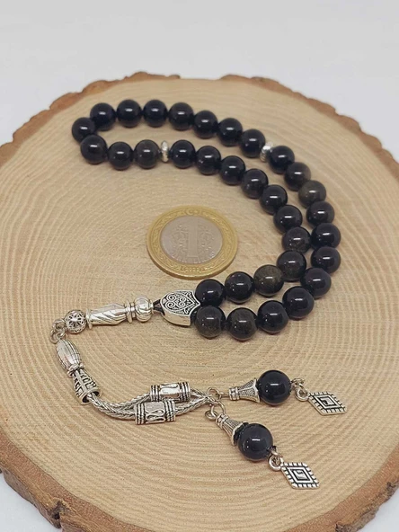 Golden & Siyah Obsidyen Taşı 33lük Tesbih 8mm (1250) - Resim 6