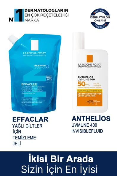 La Roche Posay Anthelios UVmune 400 Invisible Fluid SPF50+ 50 ml + La Roche Posay Effaclar Yağlı Ciltler İçin Temizleme Jeli 400 ml - Refill