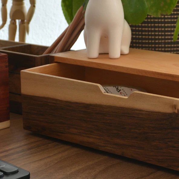 Woodsaka Desna Tek Çekmeceli Mini Dolap & Masaüstü Kırtasiye Organizer - Ceviz ve Gürgen - 4