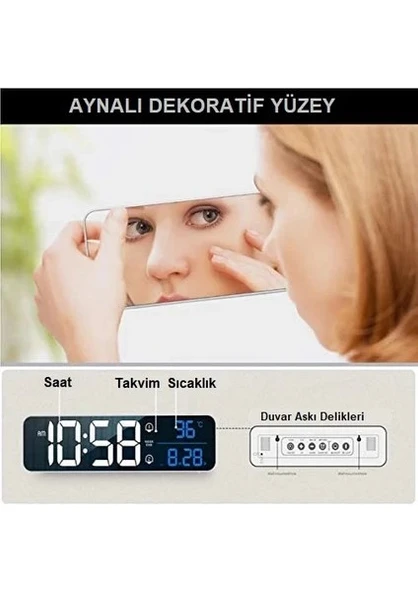 Monozone Hd LED Ekranlı Aynalı Elektronik Saat Dekoratif Aksesuar Büyük Ekran Sıcaklık Tarih Dijital Masa Saati Yatak Odası Ev Ofis Hediye - 5