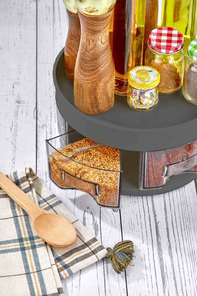 360° Dönebilen 2 Katlı Çekmeceli Mutfak Baharatlık, Banyo Organizeri Ve Düzenleyicisi Antrasit - 3