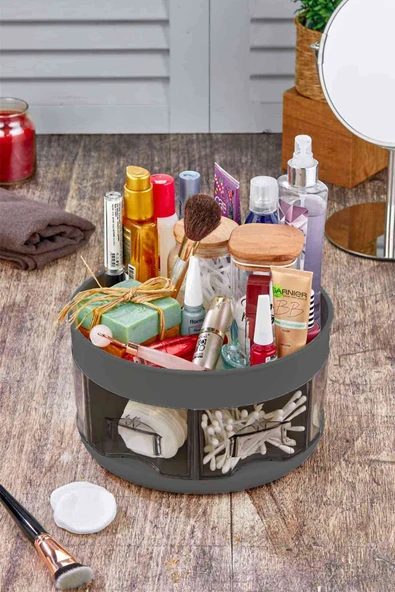 360° Dönebilen 2 Katlı Çekmeceli Mutfak Baharatlık, Banyo Organizeri Ve Düzenleyicisi Antrasit