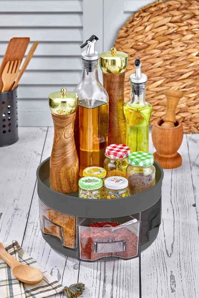 360° Dönebilen 2 Katlı Çekmeceli Mutfak Baharatlık, Banyo Organizeri Ve Düzenleyicisi Antrasit - 2