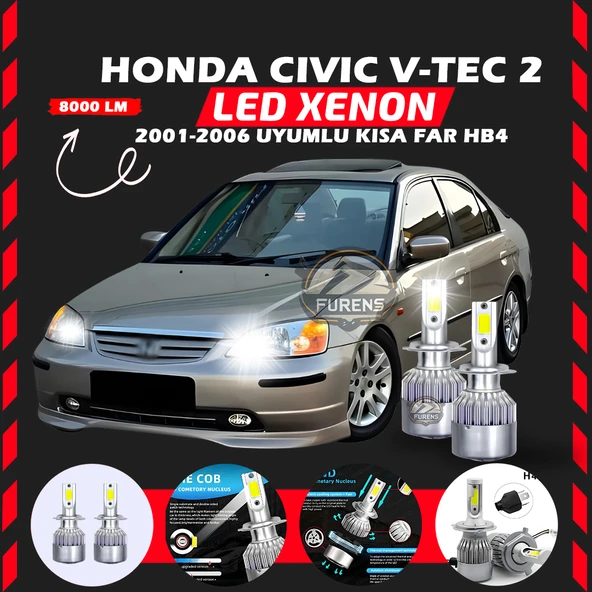 Honda Civic V-TEC 2 2001-2006 Kısa Far Uyumlu Şimşek Etkili Led Xenon Performance Series HB4 ürün görseli