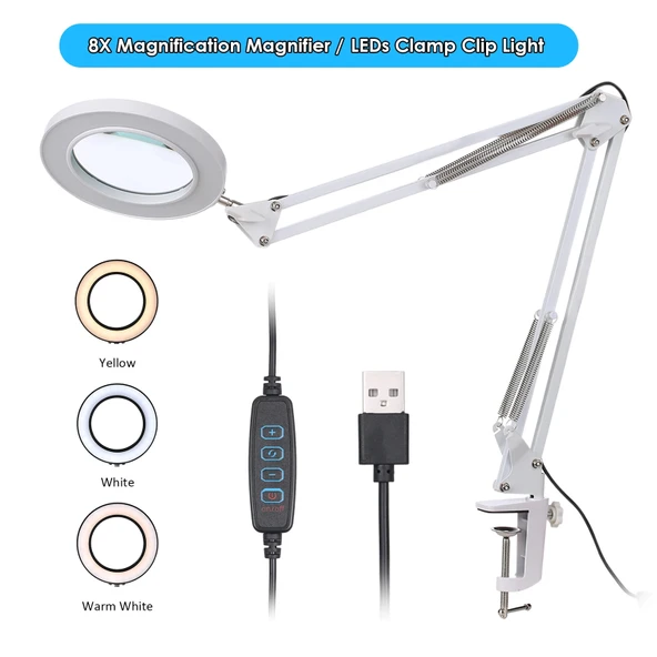 Monozone 8X Büyüteç LED Işık Kısılabilir 3Renk Aydınlatmalı Katlanabilir Dönebilen Masa Lambası Profesyonel Okuma Lambası USB - 4