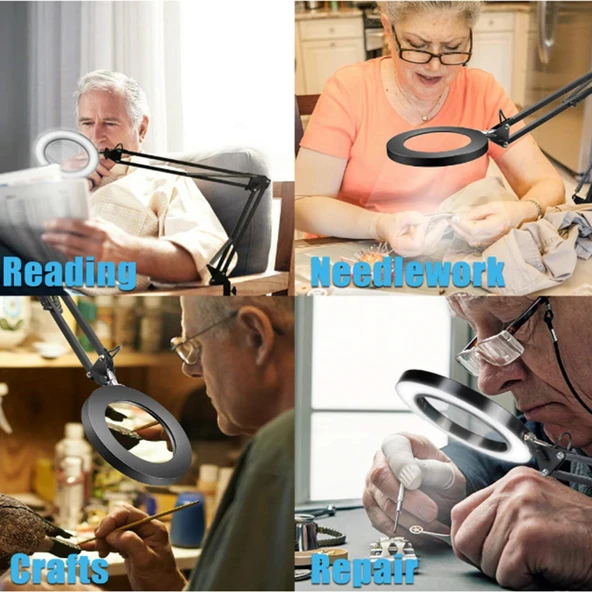 Monozone 8X Büyüteç LED Işık Kısılabilir 3Renk Aydınlatmalı Katlanabilir Dönebilen Masa Lambası Profesyonel Okuma Lambası USB - 6