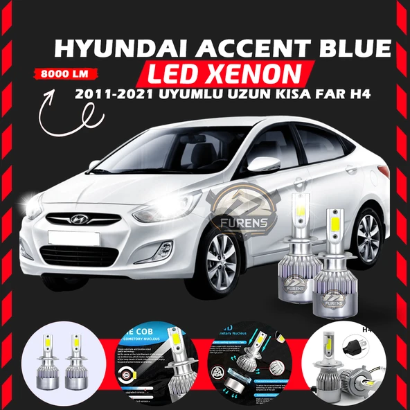 Hyundai Accent Blue 2011-2021 Uzun-Kısa Far Uyumlu Şimşek Etkili Led Xenon Performance Series H4